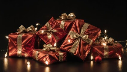 Pile of Red Christmas Presents with Gold Ribbons and String Lights.