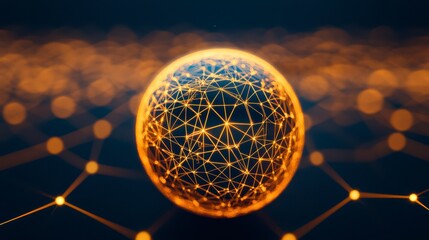 A glowing, geometric sphere surrounded by a network of lines and lights, representing digital connections and technology.