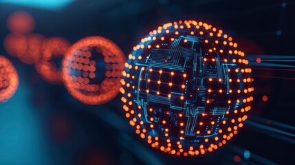 A vibrant digital sphere with interconnected lines and dots, representing technology and data visualization, set against a blurred background of similar patterns.
