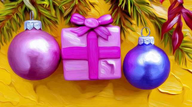 Vibrant pink gift box surrounded by shiny ornaments on bright yellow background. Festive setting ideal for holiday decorations, seasonal marketing, and celebration themes