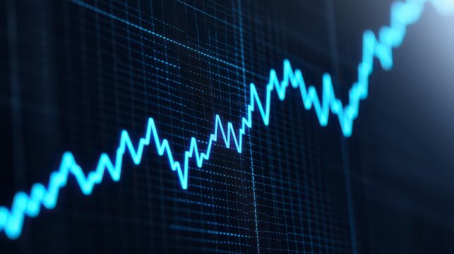 A digital graph displaying fluctuating data trends represented by a blue line on a dark background, symbolizing financial or analytical metrics. - Powered by Adobe