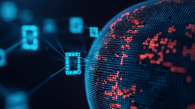 A digital representation of a globe with interconnected data points, showcasing technology and global connectivity in a vibrant color scheme.