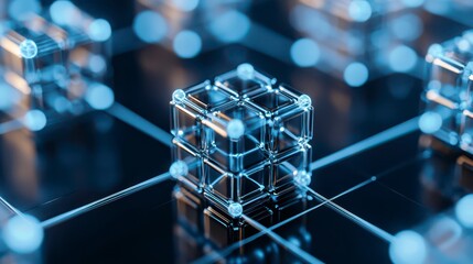 A futuristic 3D representation of interconnected cubes and spheres, showcasing advanced technology and digital design in a blue-toned environment.
