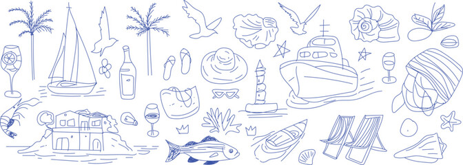Summer vacation doodle style illustration set. A vibrant collection of hand-drawn illustrations capturing the essence of summer holidays, perfect for creative projects.