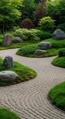 Tranquil garden landscape showcasing carefully arranged natural stones, diverse green foliage, and winding gravel pathways for a serene outdoor aesthetic ,natural ,plant ,zen