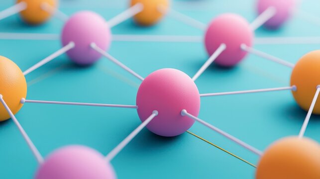 A vibrant, abstract representation of interconnected spheres, symbolizing structures or networks, set against a turquoise background.
