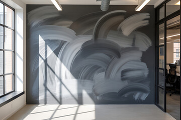 Modern office interior with large abstract mural featuring a stylized animal face