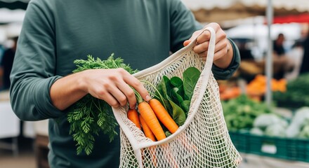 A person holds a reusable mesh bag filled with fresh carrots and leafy greens at an outdoor farmers' market.