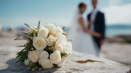 Wedding Bouquet With Couple in the Background