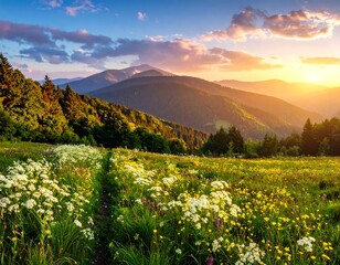 Sunset paints the mountains behind a flower-filled meadow, trees on a hill, under a cloudy, colorful sky