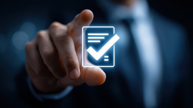 Man touching glowing checkmark on digital screen
