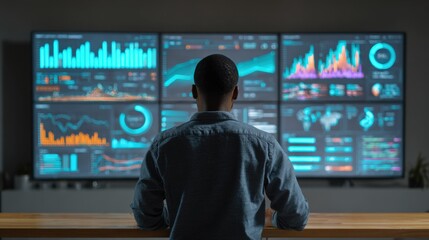 Man watching complex data on multiple screens