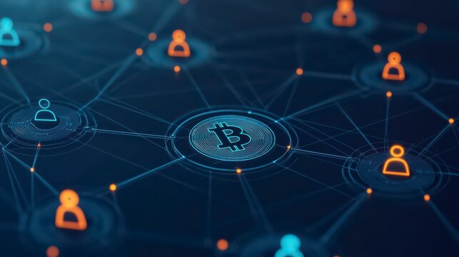 A digital representation of a blockchain network featuring Bitcoin at the center, surrounded by interconnected nodes and user icons, illustrating cryptocurrency technology.
