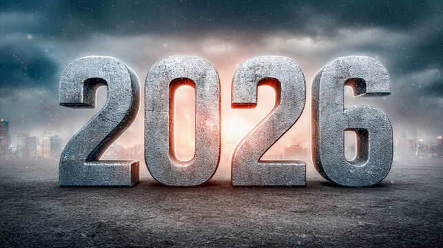New year 2026 concept. 2026 steel sign with stopwatch. 3d Rendering