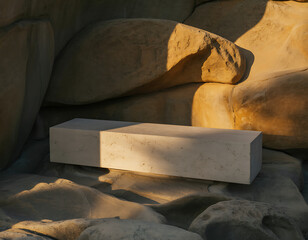 Natural stone podium bathed in warm golden hour sunlight against a rocky backdrop