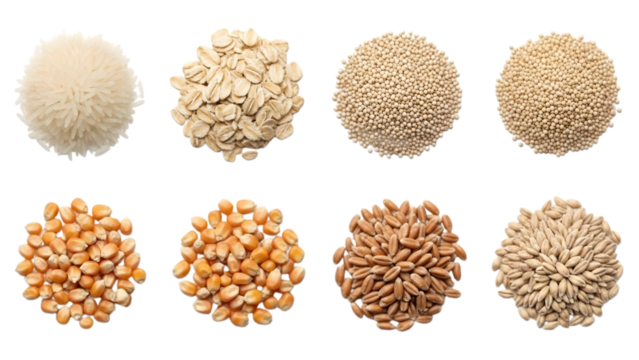 A top-down view of eight distinct piles of raw, unprocessed grains and cereal crops, showcasing a variety of healthy food ingredients essential for baking and cooking