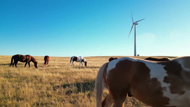 Pinto horse in a golden field with other horses and a wind turbine under a clear blue sky