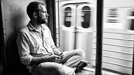 Pensive man looking out train window black and white portrait travel and contemplation concept - Powered by Adobe