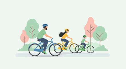 A happy family enjoys a leisurely bike ride together through a beautiful park landscape, promoting health and outdoor recreation.