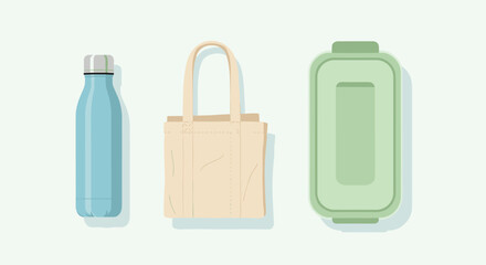 This clean illustration features a reusable water bottle, a canvas tote bag, and a food container, promoting an eco-friendly and sustainable lifestyle.