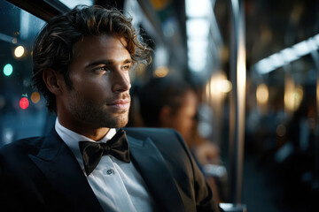 Elegant man in tuxedo gazes thoughtfully while riding public transit at night
