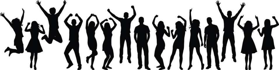 Group celebration silhouette, joyful people jumping, unity and excitement pose, black figures pattern, festive energy, white background