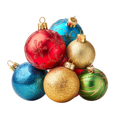 Isolated transparent png Festive Christmas Decorations colorful bauble Colorful Christmas ornaments stacked together with decorative patterns.