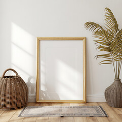 Empty wooden frame leaning against a white wall with natural light and decor