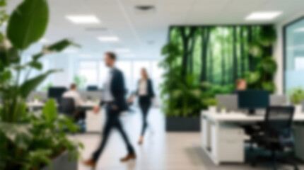 Modern office design with greenery and forest mural for inspiration Blur photo Concept