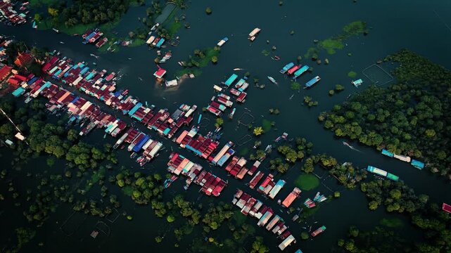 Kampong Phluk floating village with stilt houses on Tonle Sap lake in Cambodia.