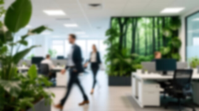 Modern office design with greenery and forest mural for inspiration Blur photo Concept