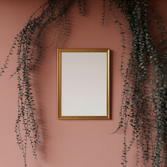 Empty golden frame hanging on a dusty rose wall with hanging plants