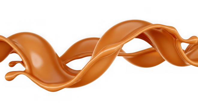 A dynamic splash of caramel sauce forming a swirling wave shape