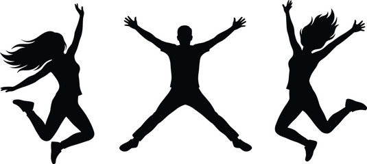 Jumping silhouettes, joyful motion, expressive posture, celebration, freedom, energy, behavior, black, minimal, abstract, activity, happiness, gesture, dynamic, movement, people, fun, interaction