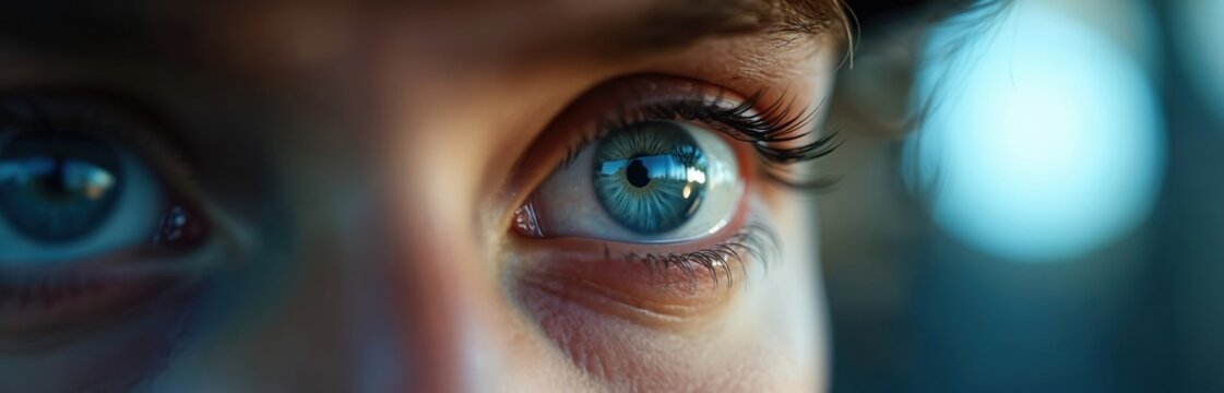 Detailed close up of human blue eye. Pupil shows clear reflections of distant environment, signs. Person looks with focus, vigilance, strong commitment. Suggests careful observation, deep thought,