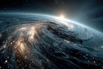 Fototapeta premium Space view of a luminous planet surrounded by glowing cosmic waves and stars