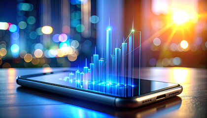 Digital Heights: A smartphone displays a luminous graph showcasing the dynamic progress of data. The image is a visual representation of the intersection between technology and business.