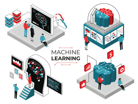 Machine learning concept. Vector illustration set in isometric style on white background. AI-Driven Production Efficiency, Robotics and Automation, AI-Analyzed