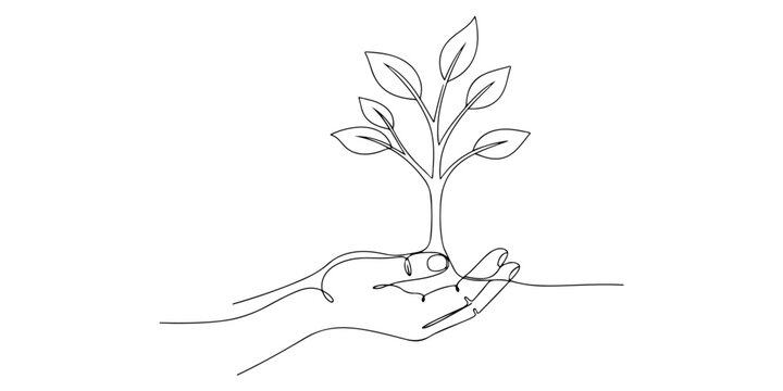 Continuous one line of a tree growing from a hand symbolizing sustainability and environmental rights, human rights theme, draw vector illustration.