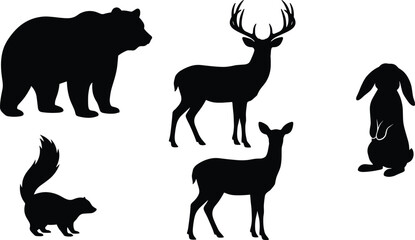 North American Wildlife Silhouettes Vector Set, Diverse Forest Animals Black Outline, Including Bear, Deer, Skunk, and Rabbit, Graphics for Nature, Hunting, and Conservation Concepts.