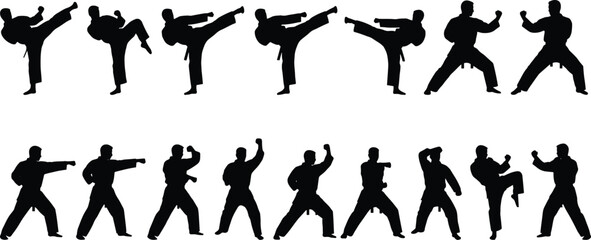 Martial arts silhouettes, kicking, punching, blocking, stances, uniform, belt, posture, movement, behavior, training, combat, black, minimal, abstract, people, action, discipline
