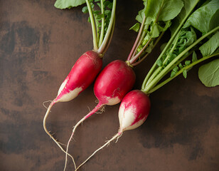 Freshly harvested radishes with green tops on a dark textured background