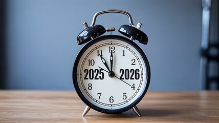 Alarm clock showing year transition from 2025 to 2026 on wooden table
