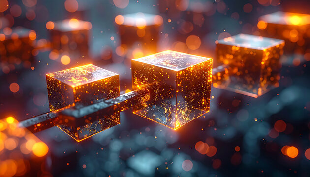 Digital Ledger of Innovation: A close-up view of a series of illuminated, interconnected data blocks, symbolizing the intricate, decentralized network of a blockchain.