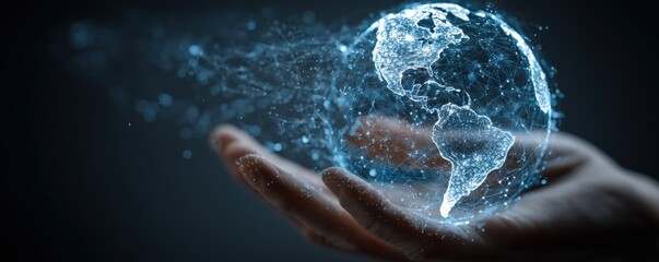 A hand holding a glowing holographic earth with digital network connections