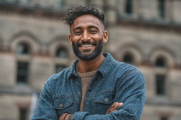Confident Young Man Smiling Outdoors in Urban Setting Wearing Denim Jacket