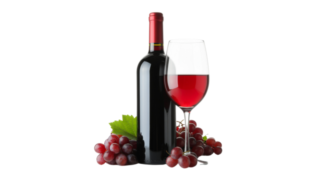 Red wine bottle and glass with grape bunch on a white background.
