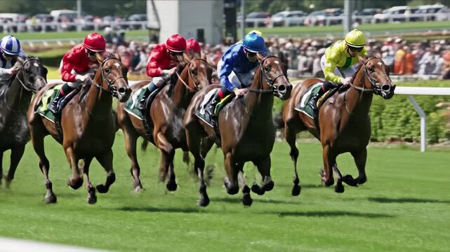 Exciting horse race in full swing with multiple jockeys and their horses galloping on a green track