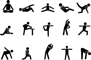 Sport people icons gym lifting warmup stretch symbols fitness poses pictograms sports exercises athl.