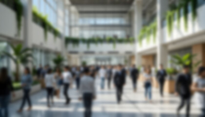 Busy modern office interior with people walking and greenery Blur photo Concept